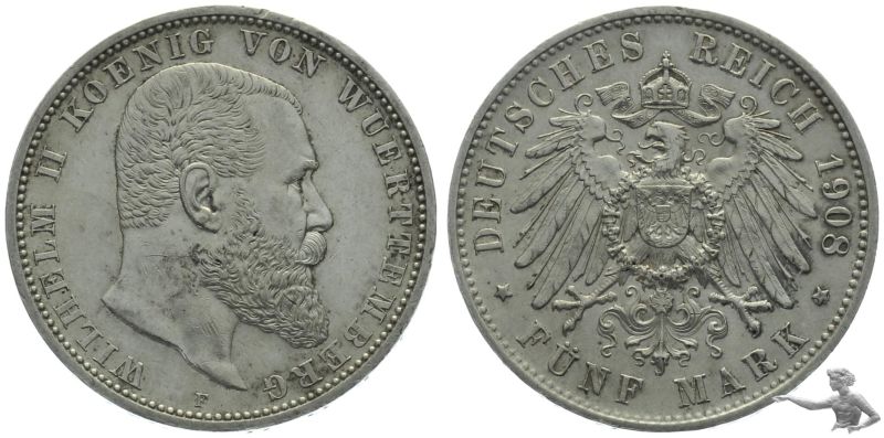 Württemberg 5 Mark 1908 F